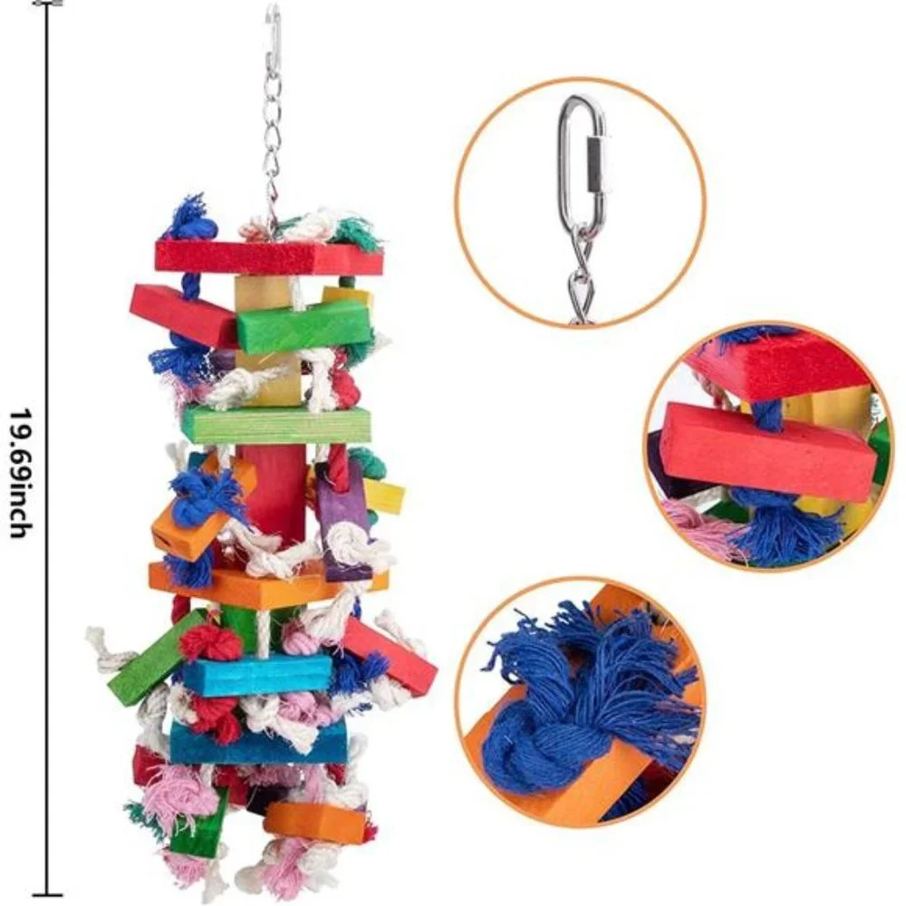 Bird Block Knots Tearing Toy-19.7inch Multicolored Natural Wooden Parrot Chewing